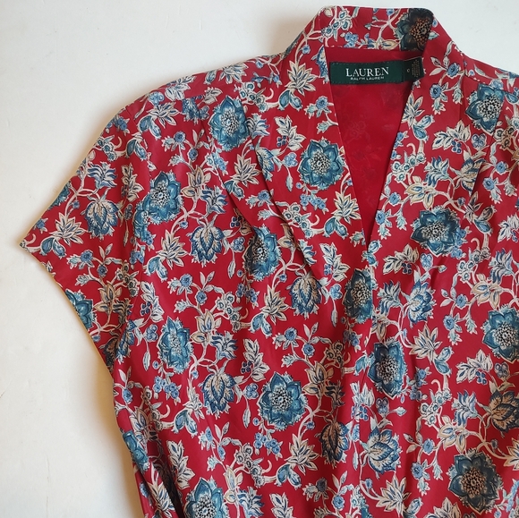 Ralph Lauren Floral Midi Dress Belt Red Blue Lined Fit Flare V Neck NWOT 10 - Picture 9 of 16